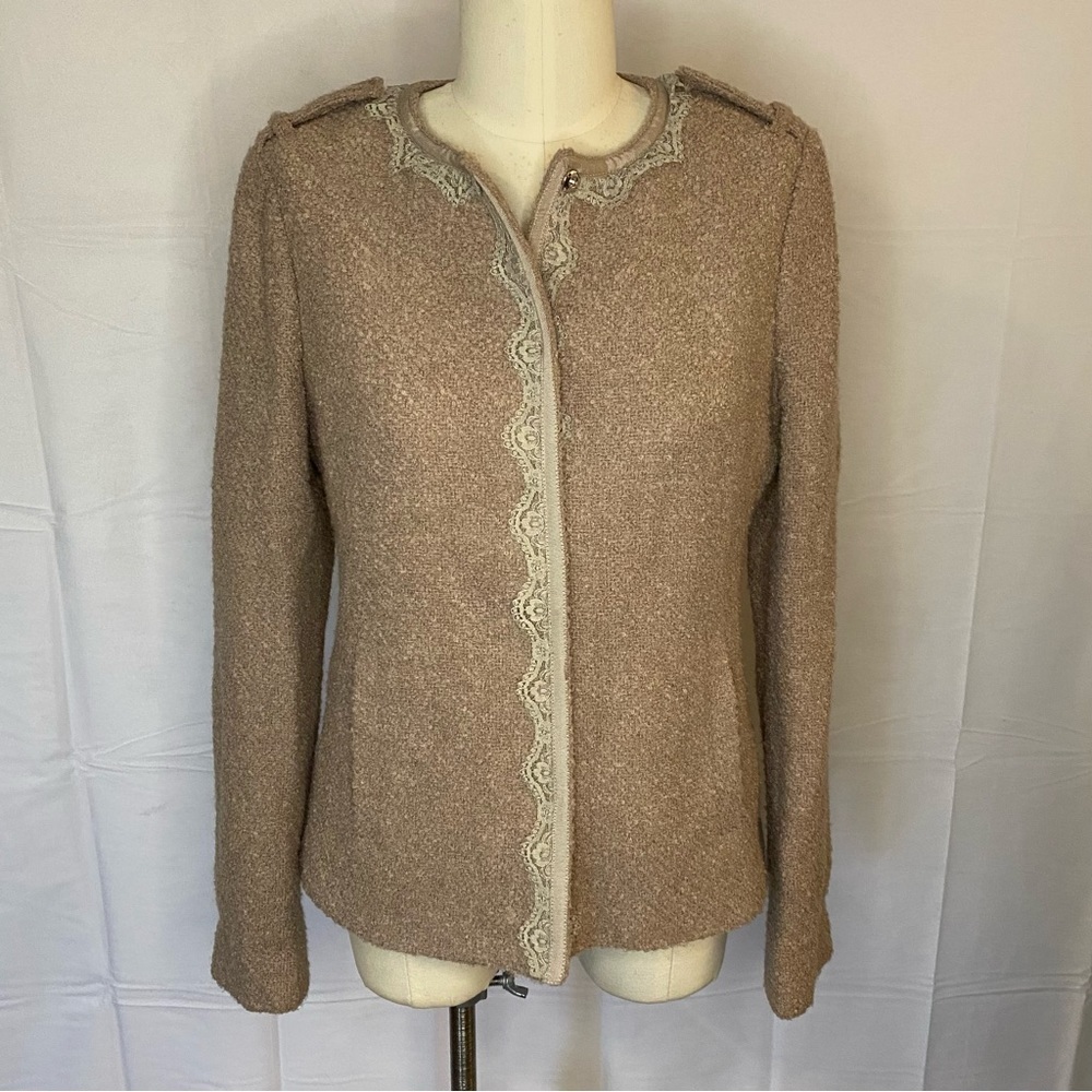 Banana Republic Pink Mauve Boucle Wool Lace Trim Snap Front Blazer Jacket 8 M - Picture 2 of 10